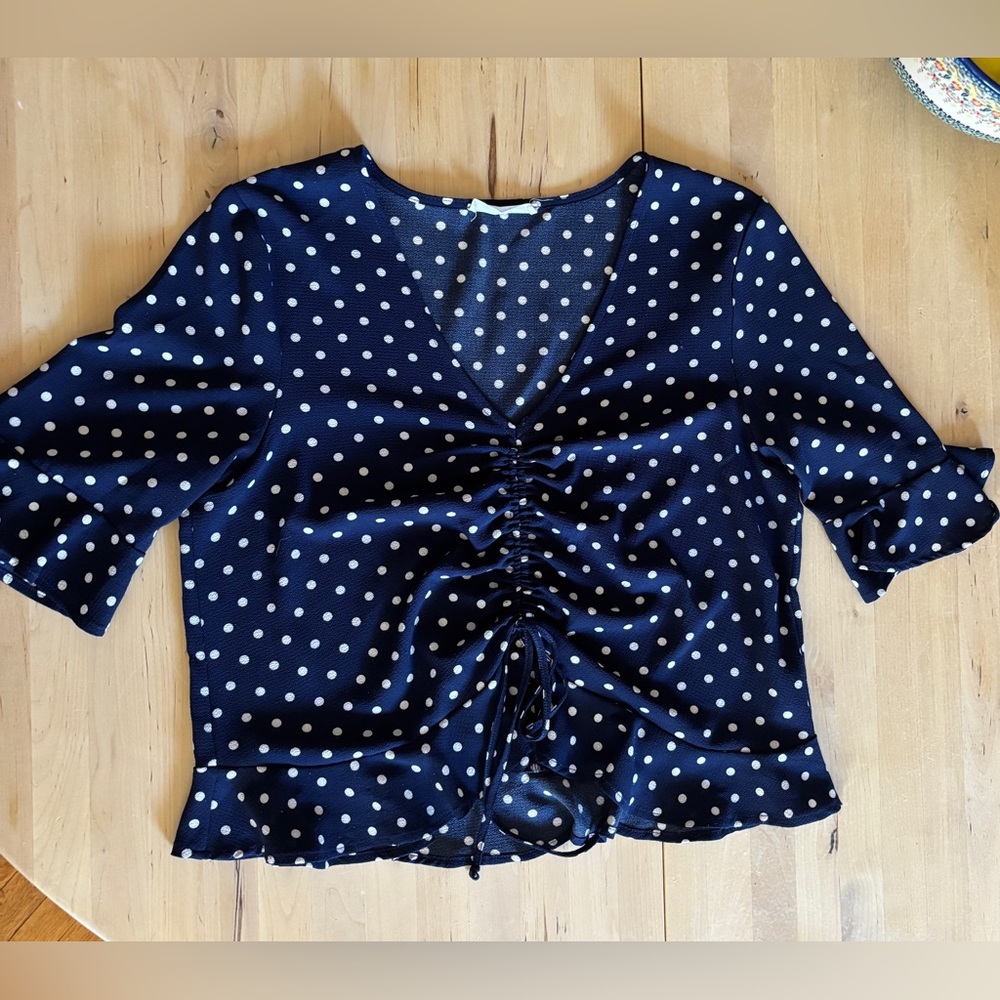 Polka Dot Ruched Front Navy Blouse